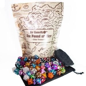 May include: A bag of colorful dice with a map design and the text "Sir GameALot One Pound of Dice + Other Treasures". The dice are in a black drawstring bag.