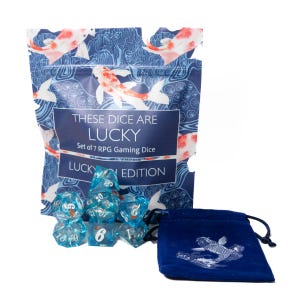 May include: A set of seven blue and white dice with koi fish designs, packaged in a blue and white bag with the text "These dice are lucky. Set of 7 RPG Gaming Dice. Lucky Edition".
