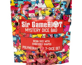 Mysterietärningar - Resin DnD-set med inbäddade former | Inbäddade leksaker i varje tärning | Polyhedral RPG TTRPG Pathfinder 7-tärningsset