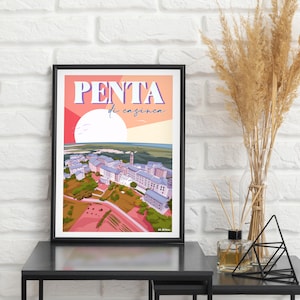 Peut inclure: Une affiche de voyage vintage aux couleurs rose, orange et bleu. L'affiche présente une vue aérienne d'une ville avec le texte "PENTA di cugnaca" en lettres violettes et blanches.