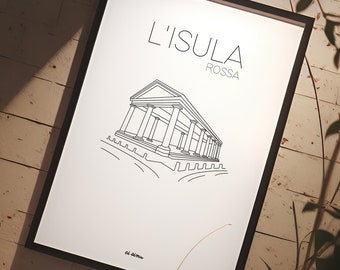 May include: A black and white line drawing of a building with columns, titled "L'ISULA ROSSA" on a white background. The text "ci di mar" is at the bottom of the image.