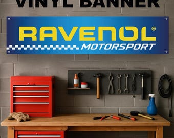 Banner de vinilo RAVENOL 2 para garaje, taller, espacio de trabajo, letrero decorativo para coche, bicicleta, cueva de hombre, deportes de motor