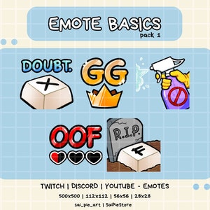 Puede incluir: Un conjunto de seis emotes de Twitch con varios diseños, que incluyen un teclado con un signo más, una corona dorada con las letras GG, una botella de spray con un círculo rojo y una línea que lo atraviesa, un corazón rojo y negro con las letras OOF, una lápida con las letras RIP y un teclado con la letra F. Los emotes están sobre un fondo azul claro con un patrón de cuadrícula.