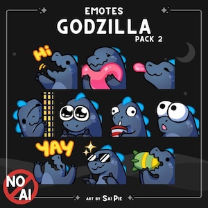 Puede incluir: Un conjunto de pegatinas digitales titulado EMOTES GODZILLA PACK 2 con nueve ilustraciones de monstruos azules. Los personajes muestran varias expresiones, incluyendo saludar con el texto Hi, sostener un corazón rosa, sacar la lengua, beber y celebrar con el texto YAY. La parte inferior incluye el texto NO AI y ART BY SAI PIE.
