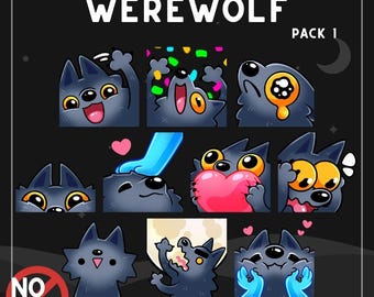 May include: A digital sticker set titled EMOTES WEREWOLF PACK 1 featuring ten illustrations of a grey werewolf character with large yellow eyes. The expressions include waving, celebrating with confetti, crying, petting, holding a pink heart, and howling at a full moon. The art is by Sai Pie.