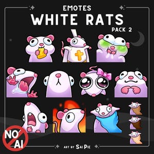 Peut inclure: Un ensemble d'autocollants numériques intitulé EMOTES WHITE RATS PACK 2 présentant onze rats blancs de dessin animé avec des oreilles et des nez roses dans diverses expressions, mangeant du fromage, portant une robe ou enveloppés.