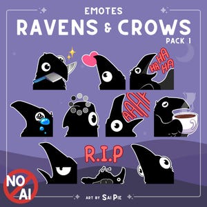 以下が含まれることがあります： EMOTES RAVENS & CROWS PACK 1と題されたデジタルステッカーパック。紫色の背景に10羽の黒い鳥のイラストが描かれています。ナイフを持つ、泣く、笑う、コーヒーを飲む、R.I.Pの文字と共に横たわるなど、様々な表情の鳥が表現されています。