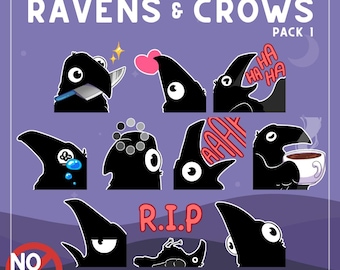 Puede incluir: Un paquete de pegatinas digitales titulado EMOTES RAVENS & CROWS PACK 1 con diez ilustraciones de pájaros negros sobre un fondo morado. Los pájaros muestran varias expresiones, incluyendo sostener un cuchillo, llorar, reír, beber café y acostado con el texto R.I.P.