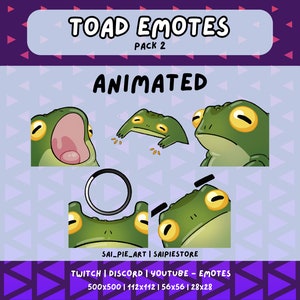 May include: Animated toad emotes in various poses, including a toad with its mouth open, a toad lying down, and a toad looking to the side. The emotes are in a light purple background with a white circle in the middle. The text "TOAD EMOTES PACK 2 ANIMATED" is at the top of the image. The text "SAI_PIE_ART | SAIPIESTORE TWITCH | DISCORD | YOUTUBE - EMOTES 500x500 | 112x112 | 56x56 | 28x28" is at the bottom of the image.