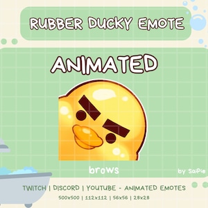Puede incluir: Emoticono animado para Twitch, Discord y YouTube de un pato de goma amarillo con cejas enojadas. El pato está mirando hacia la izquierda. El texto "brows" está debajo del pato. El texto "RUBBER DUCKY EMOTE" está en la parte superior de la imagen. El texto "ANIMATED" está debajo del texto "RUBBER DUCKY EMOTE". El texto "TWITCH | DISCORD | YOUTUBE - ANIMATED EMOTES" está debajo del pato. El texto "500x500 | 112x112 | 56x56 | 28x28" está debajo del texto "TWITCH | DISCORD | YOUTUBE - ANIMATED EMOTES". El texto "by SaiPie" está en la esquina inferior derecha de la imagen.