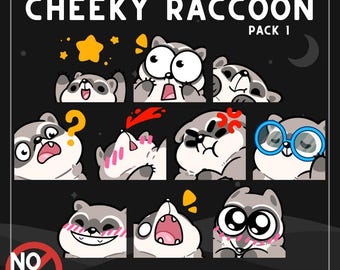 May include: A digital sticker set titled EMOTES CHEEKY RACCOON PACK 1 featuring eleven cartoon raccoon expressions on a black background. The raccoons display various emotions including surprise, confusion, anger, and joy, with some wearing blue glasses.