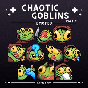 May include: A digital art graphic featuring a collection of green goblin emotes with various expressions, including a knife, question mark, and tongue sticking out. The text "CHAOTIC GOBLINS PACK 4 EMOTES" is displayed at the top, with "SAIPIE SHOP" at the bottom.