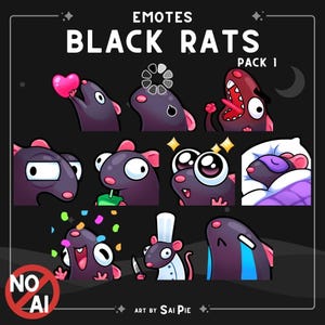 May include: A digital sticker set titled EMOTES BLACK RATS PACK 1 featuring eleven cartoon rat illustrations with various expressions, including holding a heart, a loading icon, shouting, drinking, sleeping, celebrating with confetti, and holding a knife.