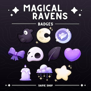 Puede incluir: Un conjunto de 10 insignias coloridas con varios diseños mágicos de cuervos, que incluyen una luna creciente, una estrella, una pluma, una calavera, una vela, una nube, un corazón, un lazo y un cuervo. Las insignias están etiquetadas como "Magical Ravens" y "Badges".