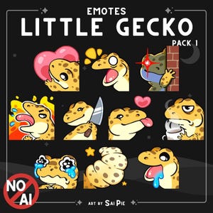 May include: A digital sticker pack titled Little Gecko Pack 1 featuring nine illustrated yellow geckos with brown spots in various expressions, including holding a heart, a knife, a coffee mug, and crying, with a red no AI symbol in the corner.
