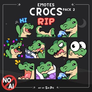 Op de afbeelding: Een digitale sticker-set getiteld EMOTES CROCS PACK 2 met tien cartoonkrokodillen in verschillende uitdrukkingen en acties, waaronder zwaaien, slapen, drinken, vieren met confetti, schrijven en er verrast uitzien op een donkere achtergrond.