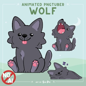 May include: A digital illustration featuring three cartoon wolves in different poses. One wolf is sitting with its tongue out, another is howling, and the third is sleeping. The text "ANIMATED PNGTUBER WOLF" is at the top.