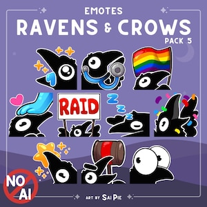 Op de afbeelding: Een digitaal stickerpakket getiteld EMOTES RAVENS & CROWS PACK 5 met elf illustraties van zwarte raven met witte ogen. De personages worden in verschillende toestanden getoond, waaronder met een regenboogvlag, een raid-bord en een hamer.