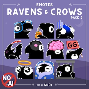 Könnte beinhalten: Ein digitales Sticker-Set mit dem Titel EMOTES RAVENS & CROWS PACK 3, das elf Illustrationen schwarzer Vögel mit weißen Augen zeigt. Die Figuren zeigen verschiedene Ausdrücke, darunter das Tragen einer blauen Brille, das Trinken von Saft und eine GG-Flagge.