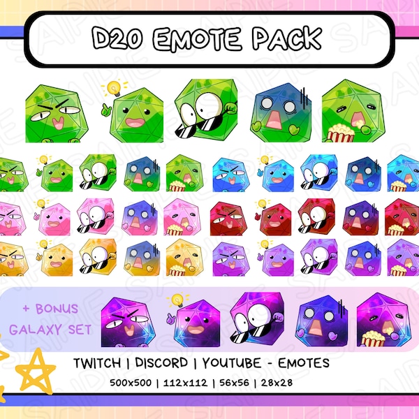 D20 Dice Emote Pack | 6 colour + galaxy D20 Emotes for Twitch, Discord, Youtube | Green, Blue, Pink, Red, Yellow, Purple, Galaxy