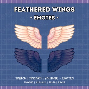 May include: Two sets of feathered wings, one pink and one black, with the text "FEATHERED WINGS - EMOTES -" above and "TWITCH | DISCORD | YOUTUBE - EMOTES 500x500 | 112x112 | 56x56 | 28x28" below.