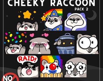 May include: A digital sticker set titled EMOTES CHEEKY RACCOON PACK 2 featuring nine illustrated raccoon characters in various expressions, including a wizard, a clown, a raccoon in a trash can, and one with the text RAID, all on a dark background.