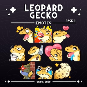 May include: A pack of Leopard Gecko emotes with various expressions, including happy, angry, and sad. The emotes are yellow with brown spots and are set against a dark background with white stars and the text "LEOPARD GECKO EMOTES PACK 1".