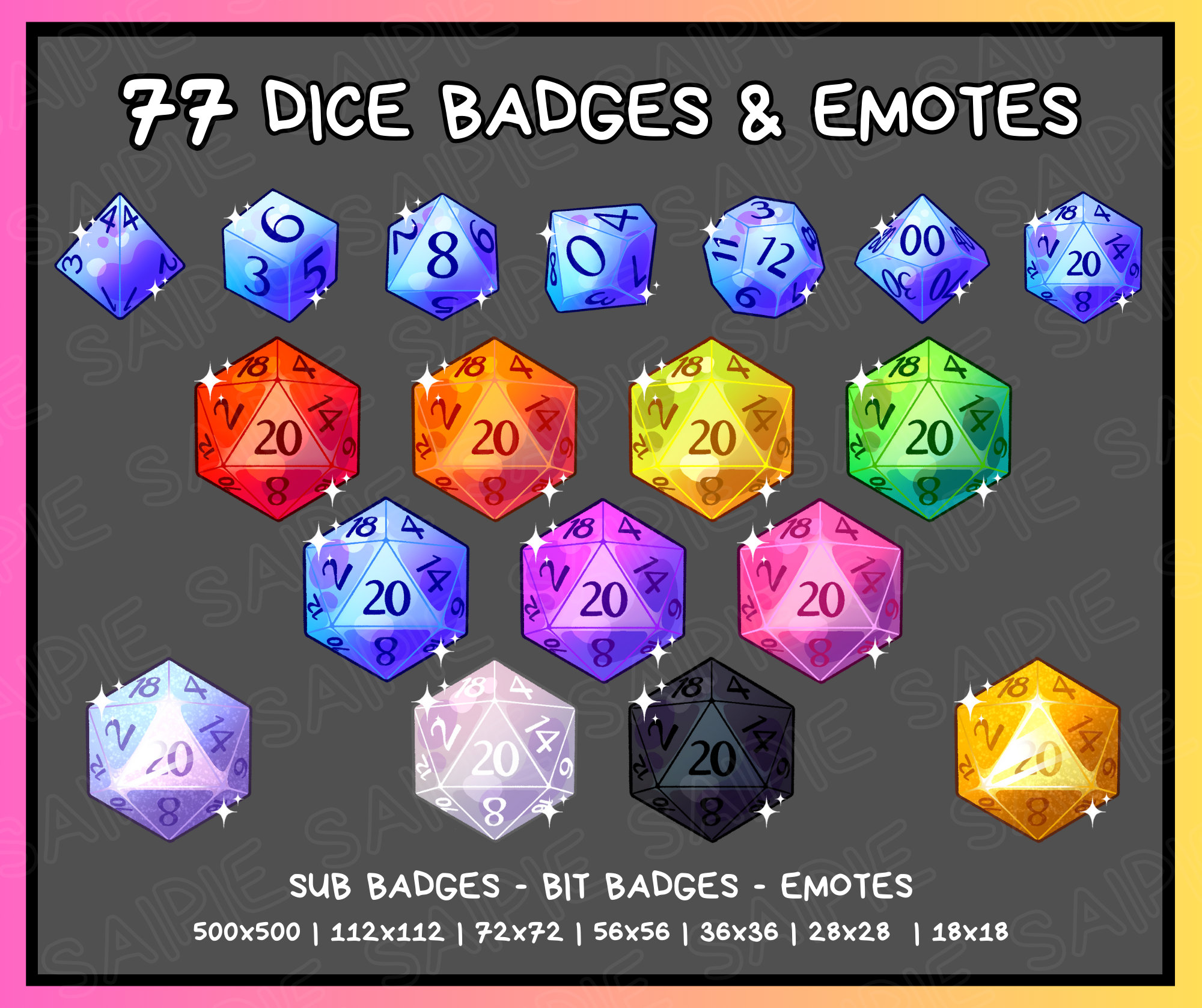 77 Dice Sub / Bit Badges + Emotes || Multiple Colours | Twitch | Youtube | Dungeons and Dragons | D&D | Fantasy | BG3