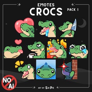 May include: A digital sticker pack titled EMOTES CROCS PACK 1 featuring nine green crocodile illustrations with various expressions, including holding a heart, a knife, drinking coffee, crying, and peeking from behind a brick wall, with NO AI text.