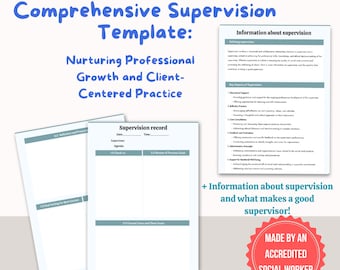 May include: A printable supervision record template for nurturing professional growth and client-centered practice. The template includes sections for check-in, review of previous goals, current cases and client issues, goal setting for the next session, and reflection and processing. The template is versatile for all professions and is made by an accredited social worker.