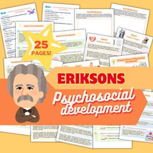 Puede incluir: Una ilustración colorida de la teoría psicosocial del desarrollo de Erik Erikson. La imagen presenta un retrato de dibujos animados de Erik Erikson, una estrella con el texto "¡25 PÁGINAS!" y varias páginas de la teoría, incluidas las etapas del desarrollo, el impacto en el desarrollo y preguntas de autorreflexión.