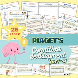 Puede incluir: Una ilustración colorida de un cerebro con una bombilla, que representa la teoría del desarrollo cognitivo de Piaget. El texto "PIAGET'S Cognitive development Theory" se muestra en una fuente grande y en negrita. La imagen incluye una variedad de páginas coloridas con texto e ilustraciones relacionadas con la teoría.