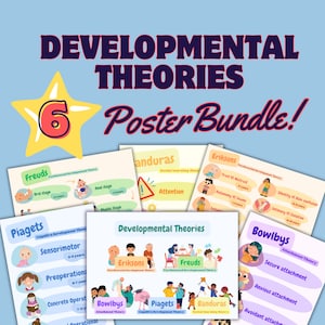 Puede incluir: Un conjunto de seis carteles educativos sobre teorías del desarrollo. Los carteles presentan ilustraciones y texto sobre teóricos como Freud, Erikson, Piaget y Bandura. El título "Developmental Theories Poster Bundle!" se muestra en la parte superior.