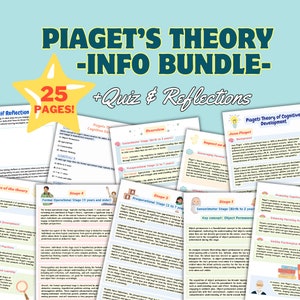 May include: A colorful infographic bundle about Jean Piaget's theory of cognitive development. The bundle includes 25 pages of information, a quiz, and reflection activities. The infographic features illustrations of children and text about the four stages of cognitive development: sensorimotor, preoperational, concrete operational, and formal operational.