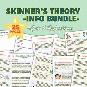Könnte beinhalten: Ein Bundle mit 25 Seiten Lehrmaterialien zur Skinner-Theorie, einschließlich Quiz und Reflexionen. Die Seiten enthalten Text und Grafiken, mit einer gelben Stern-Grafik mit der Aufschrift "25 PAGES!" und dem Titel "SKINNER'S THEORY - INFO BUNDLE-".