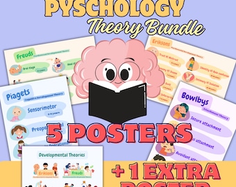 Op de afbeelding: Een set van 5 kleurrijke posters die verschillende psychologie theorieën illustreren, waaronder Freuds psychoseksuele ontwikkelingstheorie, Eriksons psychosociale ontwikkelingstheorie, Piagets theorie van cognitieve ontwikkeling en Bowlbys hechtingstheorie. De posters bevatten cartoonillustraties van kinderen en een brein dat een boek vasthoudt. De tekst "5 Posters + 1 Extra Poster" wordt weergegeven in grote, vetgedrukte letters.