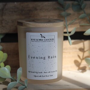 May include: A frosted glass candle jar with a wooden lid. The label reads "Rye River Candles" and "Evening Rain". The candle is made with soy wax and essential oils and infused with real shark teeth.