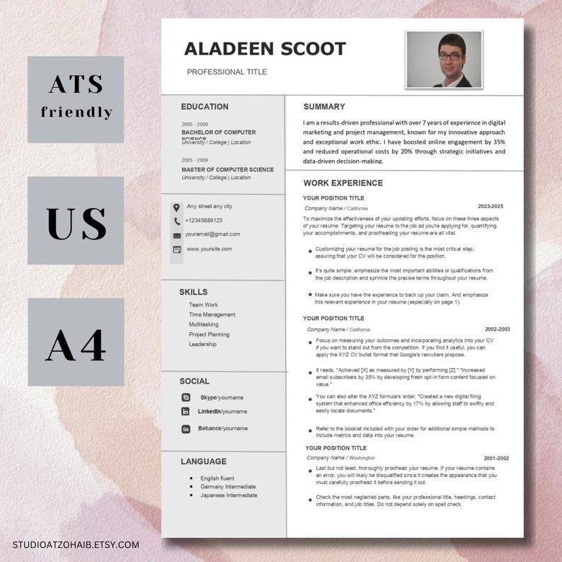 Availability Resume Professional Resume Template Word A4 US Letter Cover Letter Reference ...