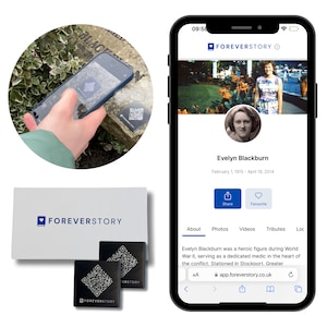May include: A smartphone displaying a profile page for Evelyn Blackburn on the ForeverStory app. The profile includes a photo of Evelyn, her birth and death dates, and a brief biography. The app also includes buttons for sharing, favouriting, viewing photos, videos, tributes, and location information. The app's URL is app.foreverstory.co.uk.