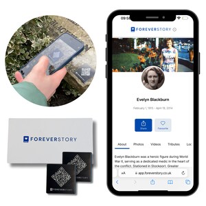 May include: A smartphone displaying a profile page for Evelyn Blackburn on the ForeverStory app. The profile includes a photo of Evelyn, her birth and death dates, and a brief biography. The app also includes buttons for sharing, favouriting, viewing photos, videos, tributes, and location information. The app's URL is app.foreverstory.co.uk.