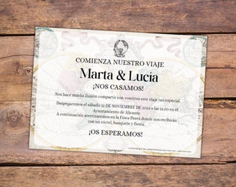 Carte d'invitation de mariage modifiable dans Canva | Modèle en espagnol | Thème de voyage vintage