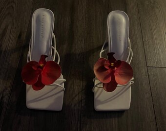 Red handmade orchid flower sandal heels