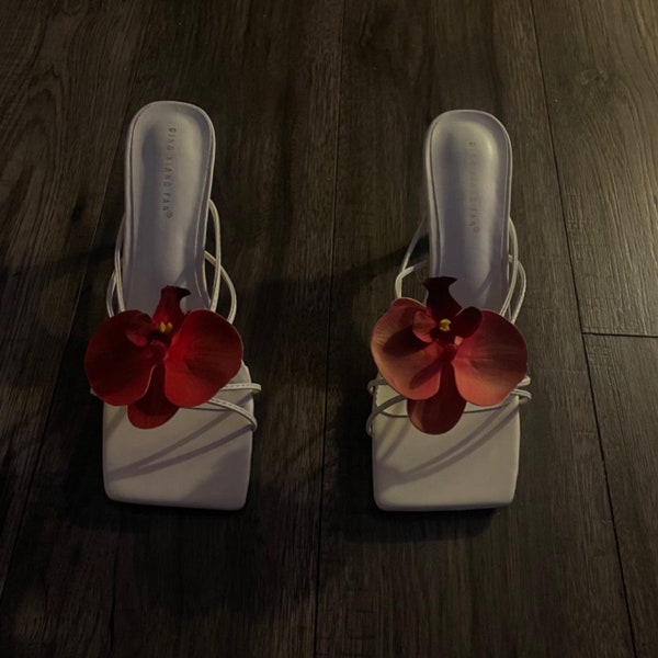Red handmade orchid flower sandal heels