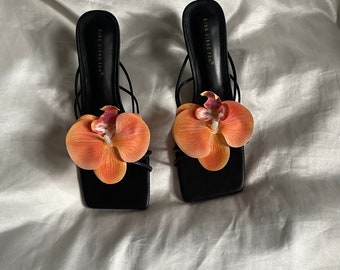 Orange orchid flower sandal heel