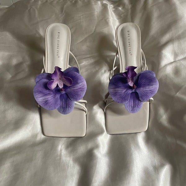 Purple handmade orchid flower sandal heels