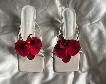 Red handmade orchid flower sandal heels