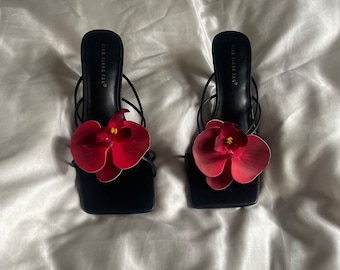 Red handmade orchid flower sandal heels