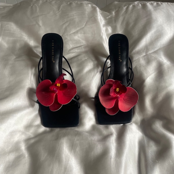 Red handmade orchid flower sandal heels