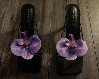 Purple handmade orchid flower sandal heels