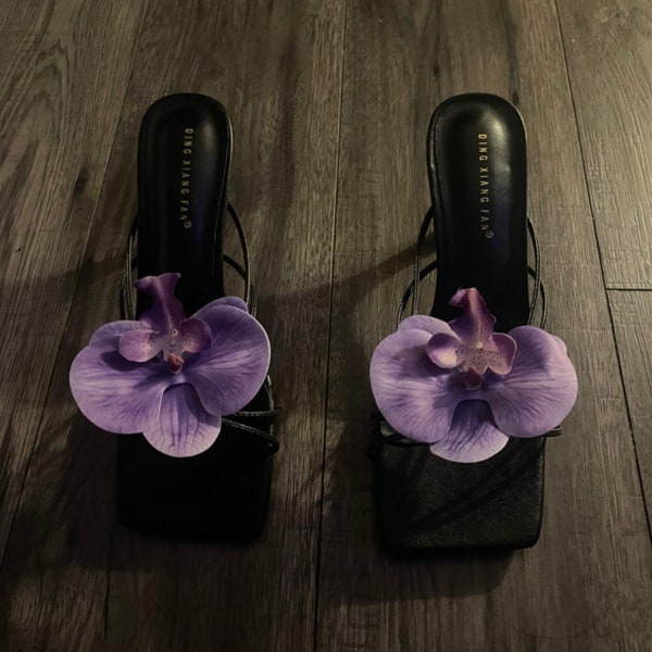 Purple handmade orchid flower sandal heels